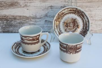 catalog photo of Americana brown transferware ironstone china tea cups and saucers, vintage J & G Meakin 