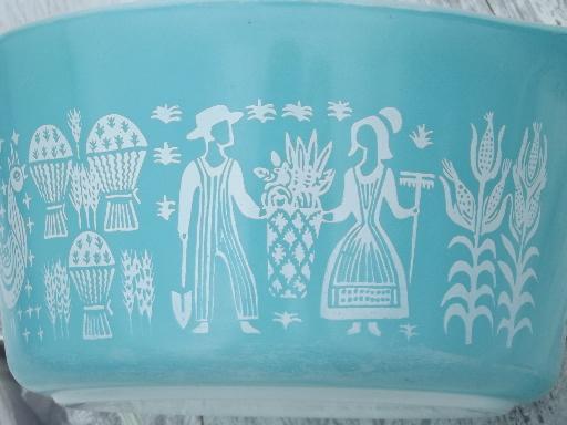 photo of Amish butter print  Pyrex casseroles, vintage aqua blue & white Pyrex #5