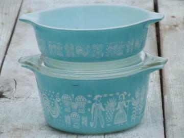 catalog photo of Amish butter print  Pyrex casseroles, vintage aqua blue & white Pyrex