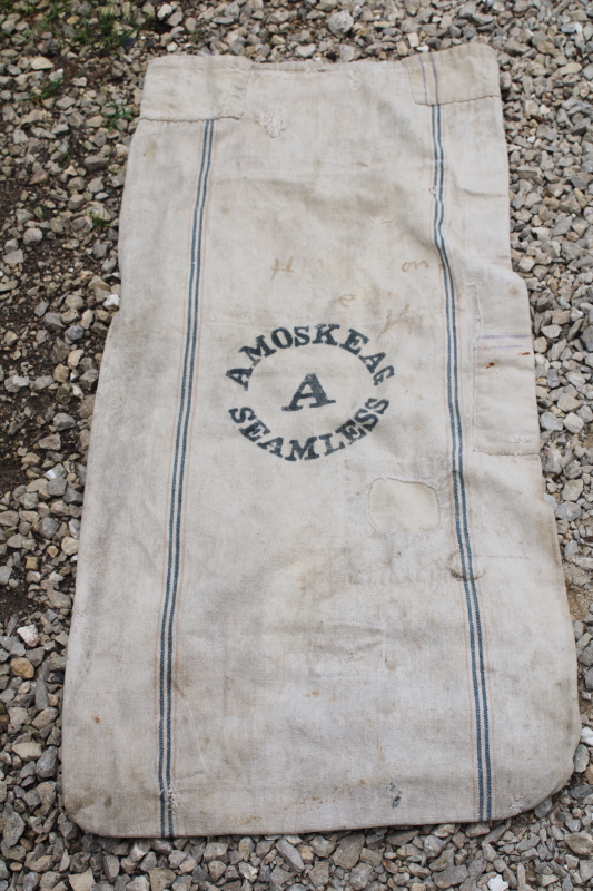 photo of Amoskeag Seamless vintage heavy cotton grain bag feed sack, worn & patched, woven blue & red stripe #1