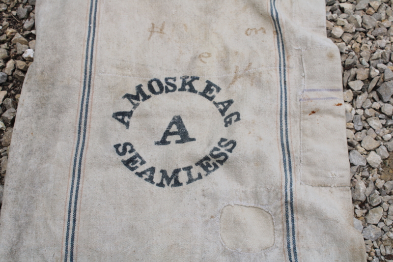 photo of Amoskeag Seamless vintage heavy cotton grain bag feed sack, worn & patched, woven blue & red stripe  #2