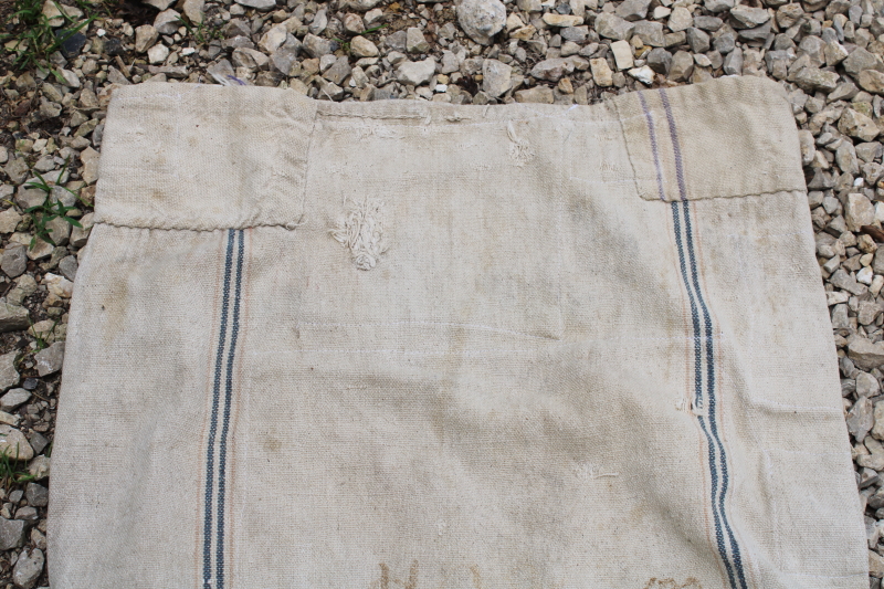 photo of Amoskeag Seamless vintage heavy cotton grain bag feed sack, worn & patched, woven blue & red stripe  #3