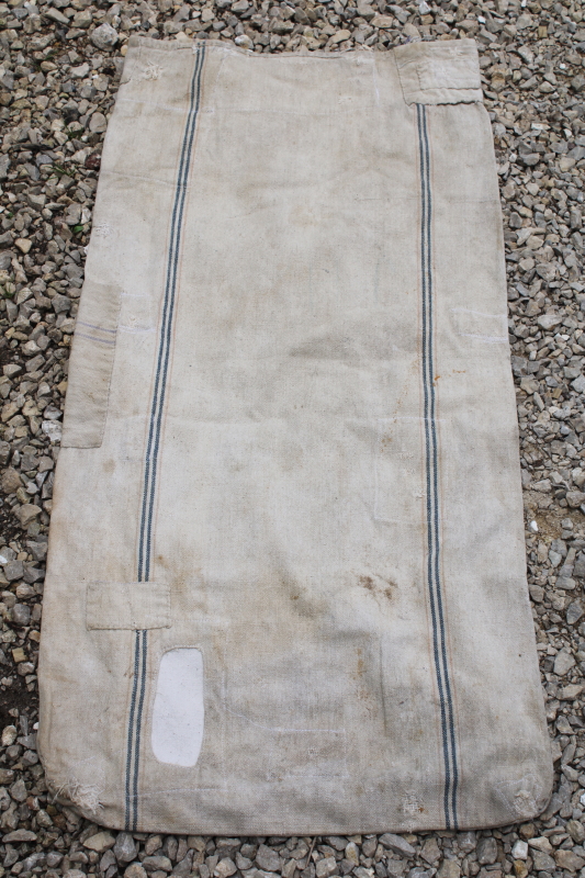photo of Amoskeag Seamless vintage heavy cotton grain bag feed sack, worn & patched, woven blue & red stripe  #4