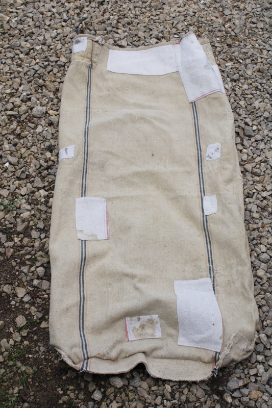 photo of Amoskeag Seamless vintage heavy cotton grain bag feed sack, worn & patched, woven blue & red stripe  #5