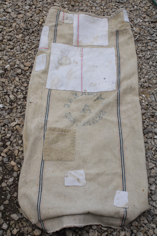 photo of Amoskeag Seamless vintage heavy cotton grain bag feed sack, worn & patched, woven blue & red stripe  #6