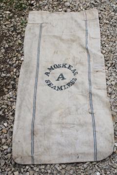 Amoskeag Seamless vintage heavy cotton grain bag feed sack, worn & patched, woven blue & red stripe 