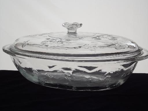 photo of Anchor Hocking 2 qt oval casserole w/ lid, Savannah flowered clear glass #1