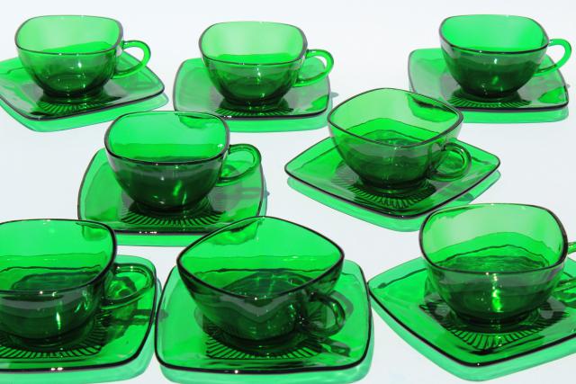 photo of Anchor Hocking Charm cup and saucers, forest green glass, retro 1950s glassware #1