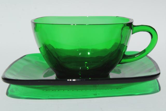 photo of Anchor Hocking Charm cup and saucers, forest green glass, retro 1950s glassware #3