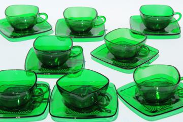 catalog photo of Anchor Hocking Charm cup and saucers, forest green glass, retro 1950s glassware