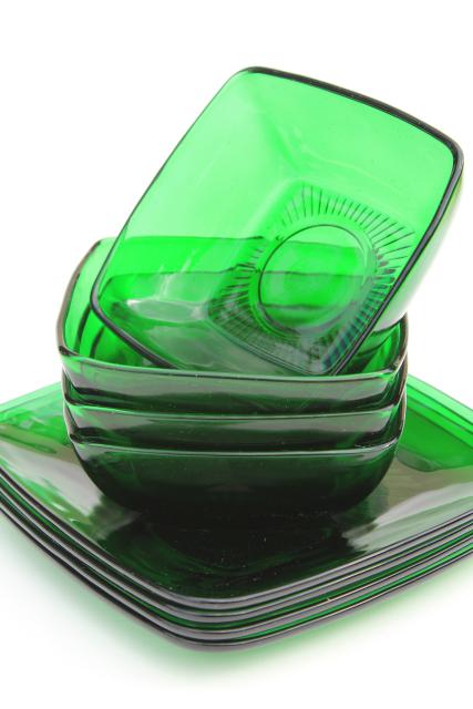 photo of Anchor Hocking Charm square plates & bowls, forest green glass, retro 1950s glassware #1