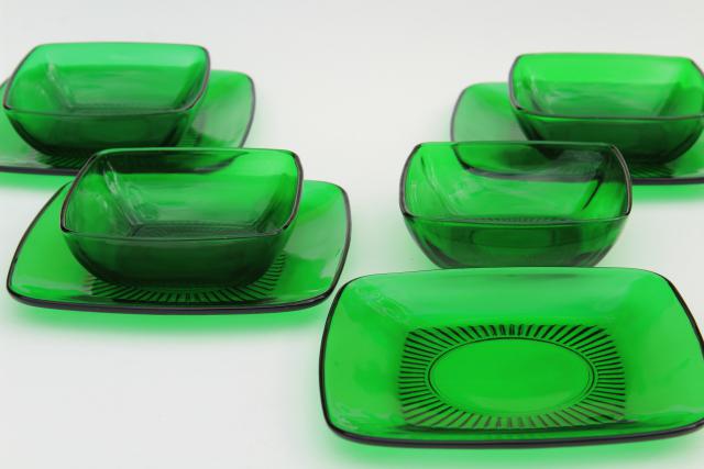 photo of Anchor Hocking Charm square plates & bowls, forest green glass, retro 1950s glassware #2