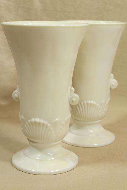 photo of Anchor Hocking Fire King ivory vitrock seashell vases pair, art deco vintage #1