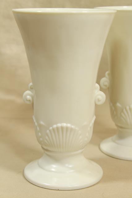 photo of Anchor Hocking Fire King ivory vitrock seashell vases pair, art deco vintage #4