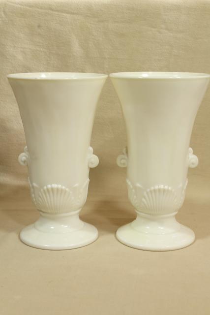 photo of Anchor Hocking Fire King ivory vitrock seashell vases pair, art deco vintage #5