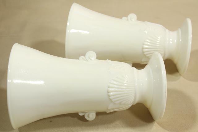 photo of Anchor Hocking Fire King ivory vitrock seashell vases pair, art deco vintage #9