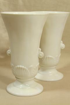 catalog photo of Anchor Hocking Fire King ivory vitrock seashell vases pair, art deco vintage