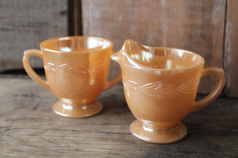 Anchor Hocking Fire King peach luster cream sugar set laurel pattern