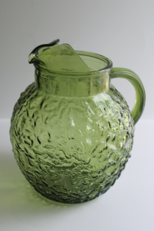 photo of Anchor Hocking Lido Milano crinkle glass pitcher, 70s vintage avocado green glassware  #1