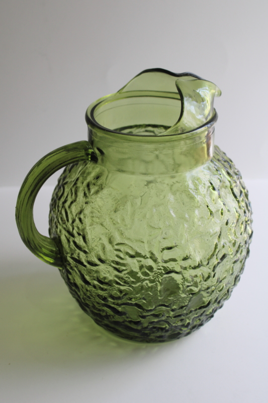 photo of Anchor Hocking Lido Milano crinkle glass pitcher, 70s vintage avocado green glassware  #2