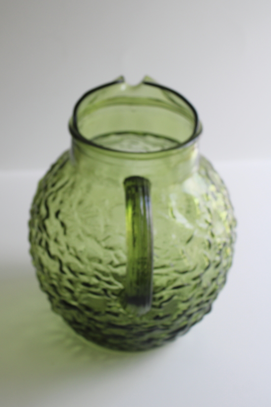 photo of Anchor Hocking Lido Milano crinkle glass pitcher, 70s vintage avocado green glassware  #3