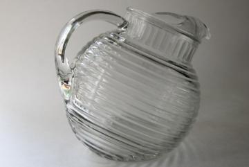 catalog photo of Anchor Hocking Manhattan crystal clear glass large pitcher, round ball tilt jug shape