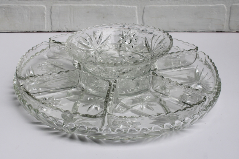 photo of Anchor Hocking Prescut star pattern relish set, individual sections, large tray, dip bowl crystal clear glass  #1