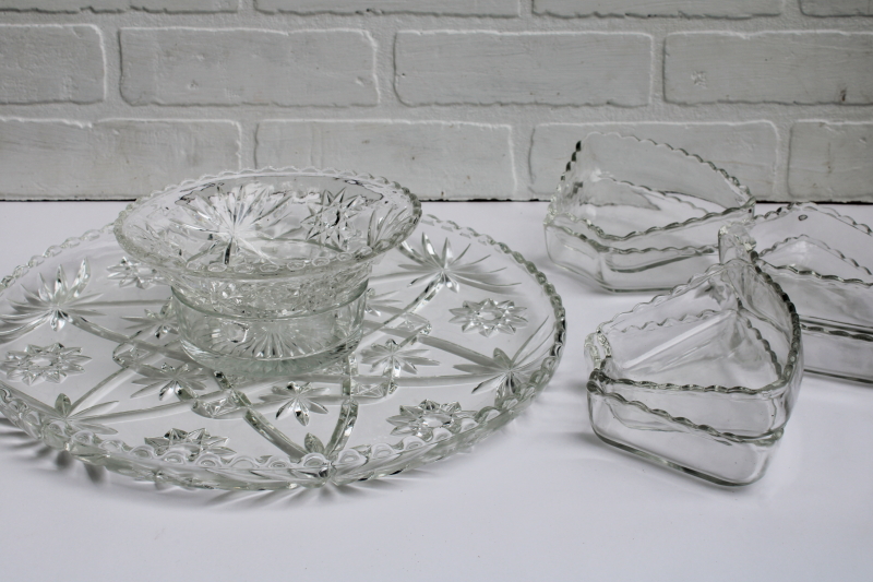 photo of Anchor Hocking Prescut star pattern relish set, individual sections, large tray, dip bowl crystal clear glass #4