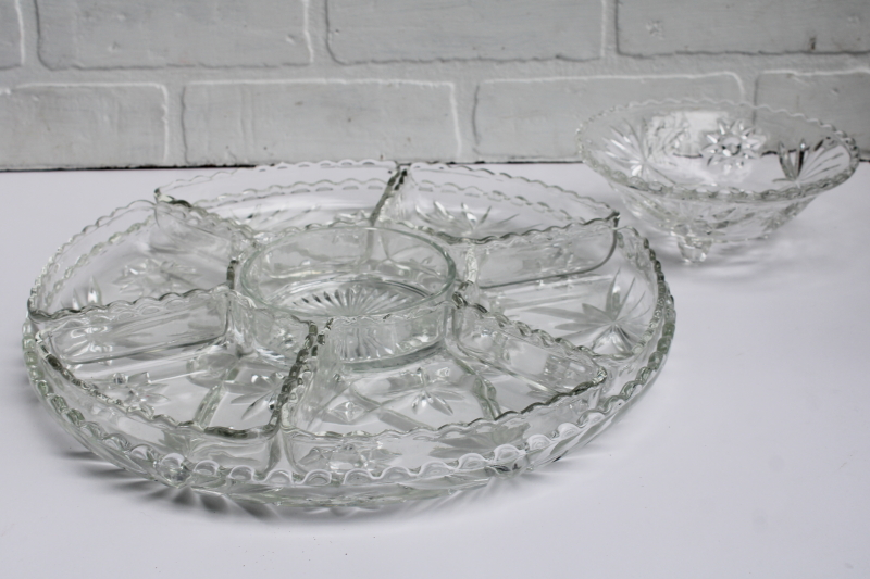 photo of Anchor Hocking Prescut star pattern relish set, individual sections, large tray, dip bowl crystal clear glass #5