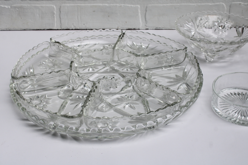 photo of Anchor Hocking Prescut star pattern relish set, individual sections, large tray, dip bowl crystal clear glass #6