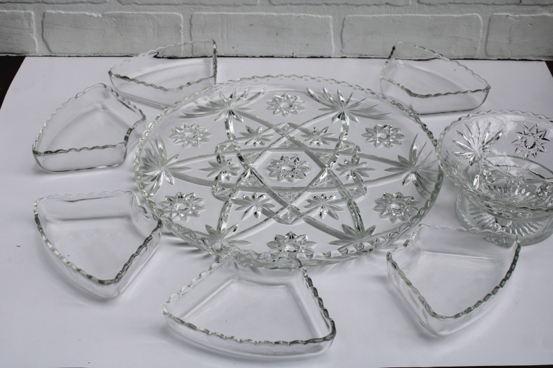 photo of Anchor Hocking Prescut star pattern relish set, individual sections, large tray, dip bowl crystal clear glass #7