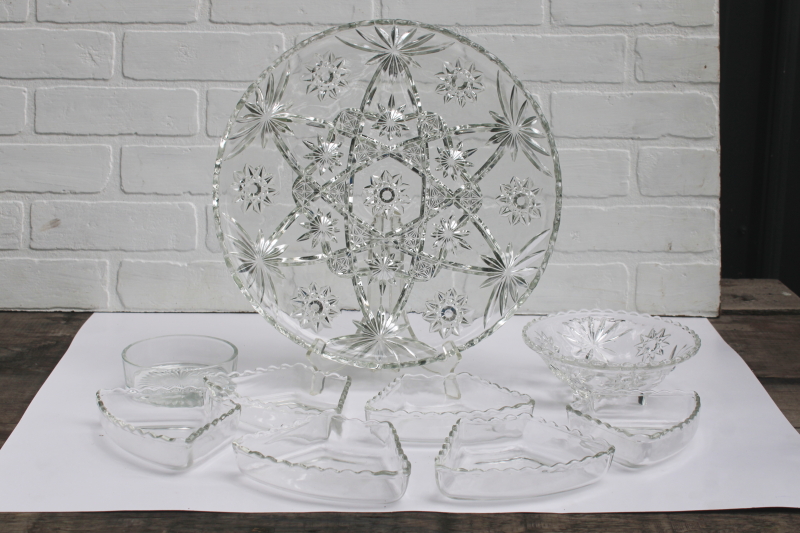 photo of Anchor Hocking Prescut star pattern relish set, individual sections, large tray, dip bowl crystal clear glass #9