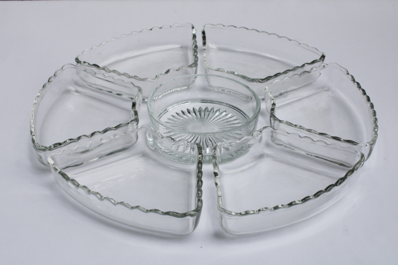 photo of Anchor Hocking Prescut star pattern relish set, individual sections, large tray, dip bowl crystal clear glass #10