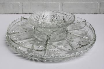 catalog photo of Anchor Hocking Prescut star pattern relish set, individual sections, large tray, dip bowl crystal clear glass 