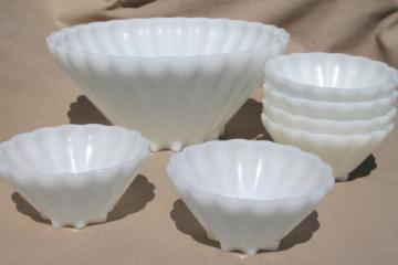 catalog photo of Anchor Hocking Rachel pattern vintage milk glass star shape bowls & large salad bowl