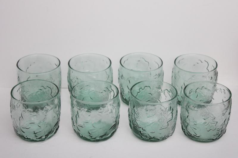 photo of Anchor Hocking Spanish green oak leaf & acorn embossed tumblers, old fashioned glasses #1