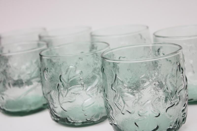 photo of Anchor Hocking Spanish green oak leaf & acorn embossed tumblers, old fashioned glasses #2