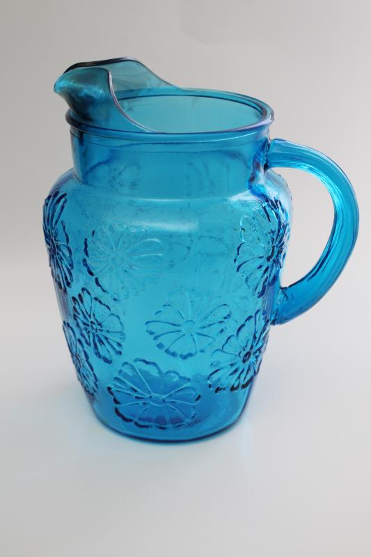 photo of Anchor Hocking Springflower laser blue glass pitcher, embossed daisy flower pattern #1