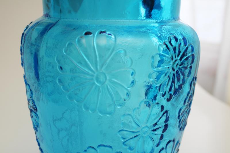 photo of Anchor Hocking Springflower laser blue glass pitcher, embossed daisy flower pattern #5