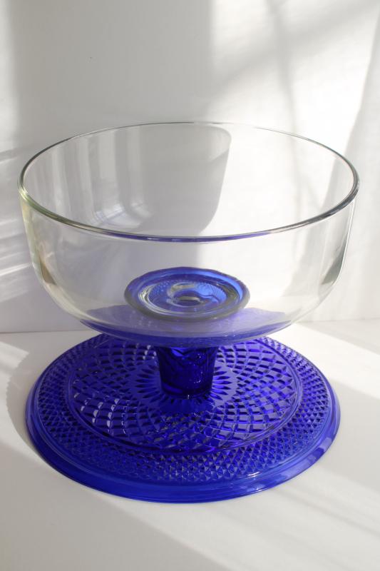 photo of Anchor Hocking Wexford cobalt blue cake stand w/ clear glass dome cover, 1980s vintage #5