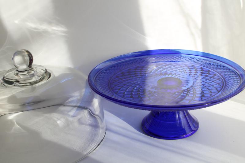 photo of Anchor Hocking Wexford cobalt blue cake stand w/ clear glass dome cover, 1980s vintage #7
