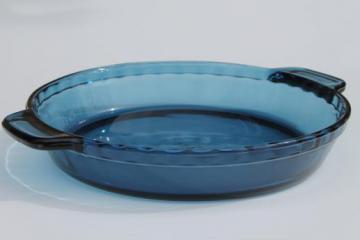 catalog photo of Anchor Hocking blue glass pie pan, 9 1/2 inch pie plate w/ scalloped edge