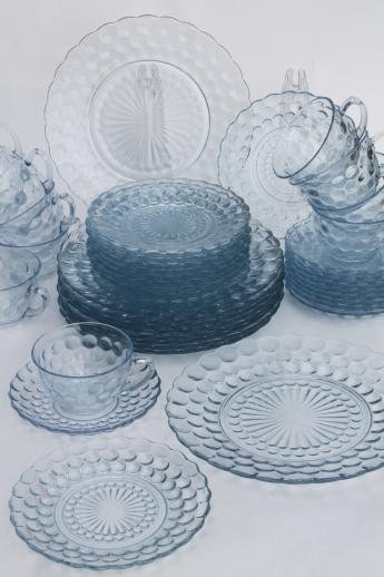 photo of Anchor Hocking bubble pattern sapphire blue depression glass dishes set for 10 #1