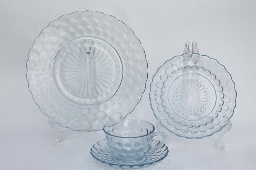 photo of Anchor Hocking bubble pattern sapphire blue depression glass dishes set for 10 #3