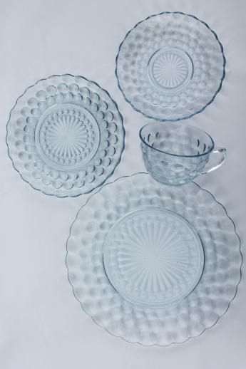 photo of Anchor Hocking bubble pattern sapphire blue depression glass dishes set for 10 #4