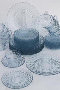 catalog photo of Anchor Hocking bubble pattern sapphire blue depression glass dishes set for 10