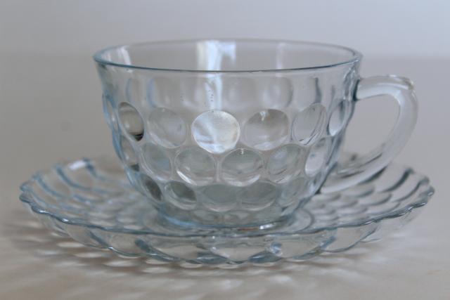 photo of Anchor Hocking bubble pattern sapphire blue depression glass, vintage cups & saucers and tray #4