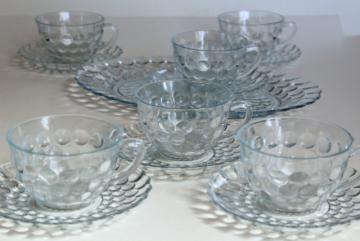 catalog photo of Anchor Hocking bubble pattern sapphire blue depression glass, vintage cups & saucers and tray