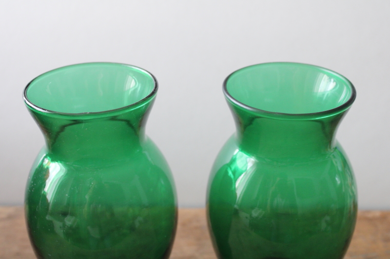photo of Anchor Hocking forest green glass vases matching pair, deep emerald colored glass  #4
