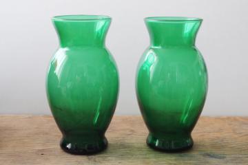 catalog photo of Anchor Hocking forest green glass vases matching pair, deep emerald colored glass 